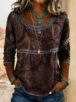 Women's Retro Paisley Art Print Casual 3/4 Sleeves Hollow Denim Shirt