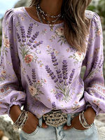 Women's Floral Print Long- Sleeve Linen- Blend Shirt With Round Neck