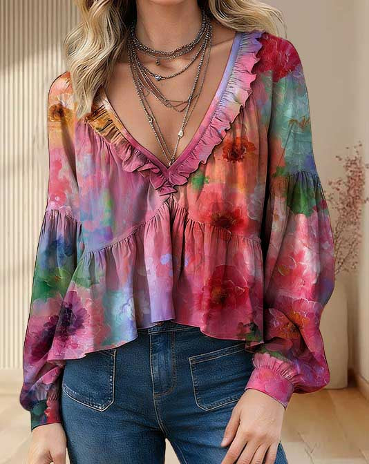 Women's Vintage Floral Pattern Print Casual Long-sleeved V-neck Ruffled And Ruched Cotton Top
