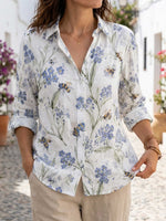 Women's Bee Floral Forget Me Not Print Casual Cotton Shirt