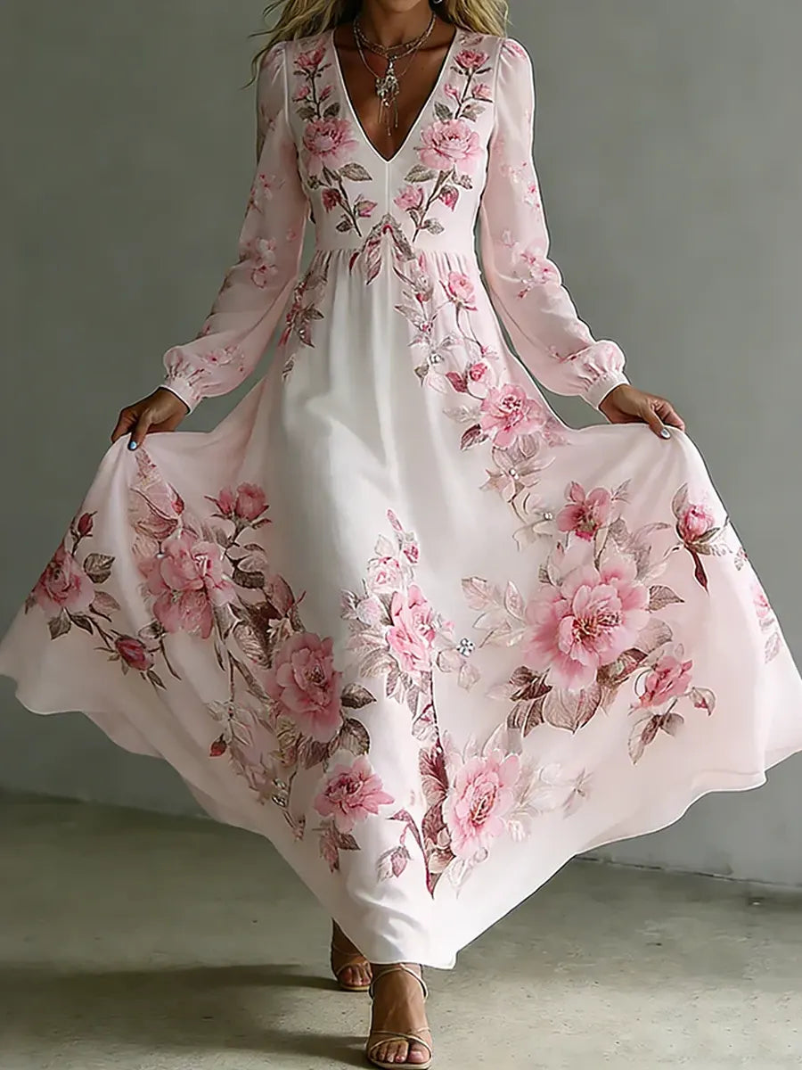 Women's Retro Floral Art Elegant Romantic Casual Cotton Long Dress