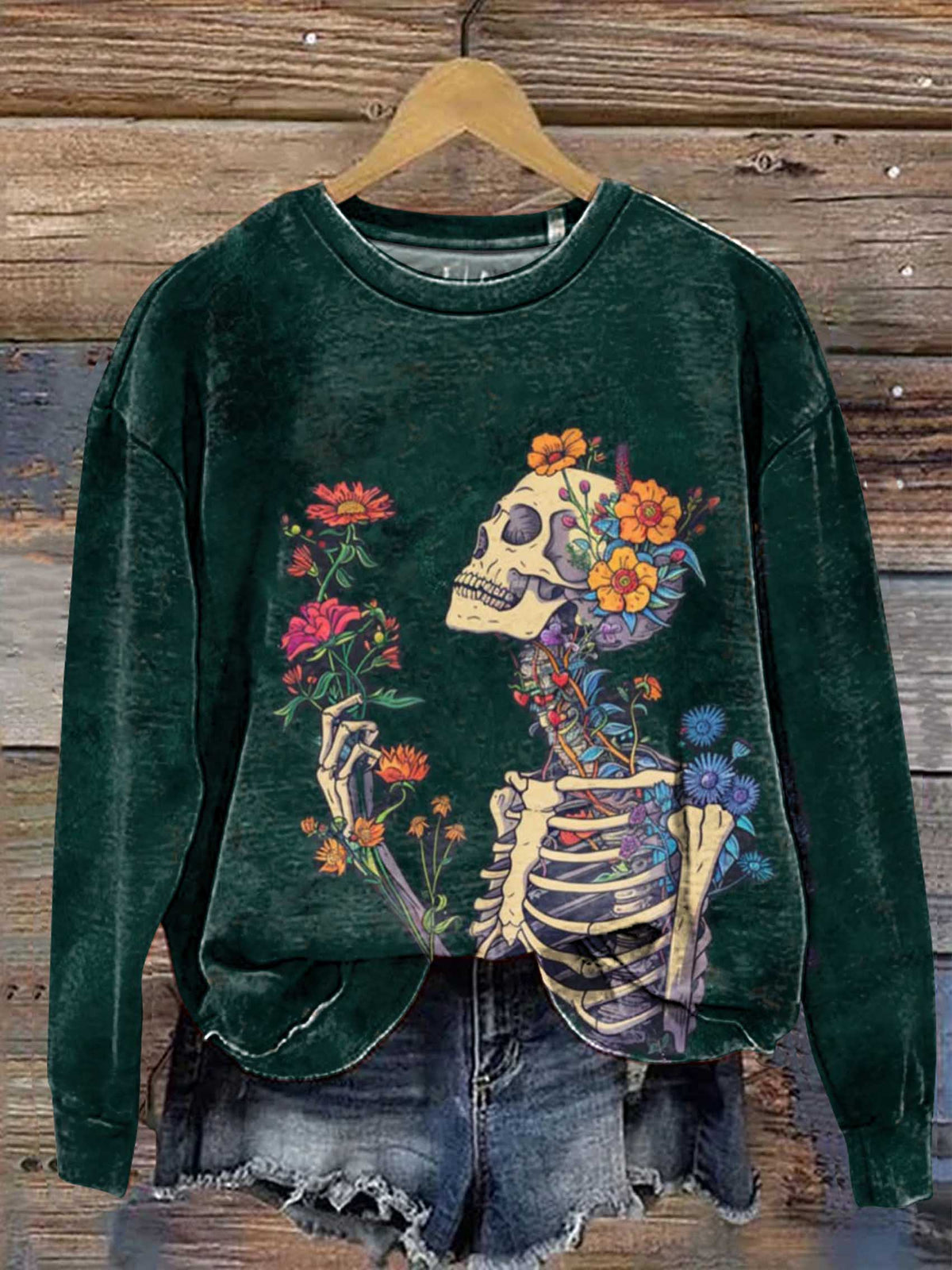 Skeleton Floral Art Print Casual Sweatshirt