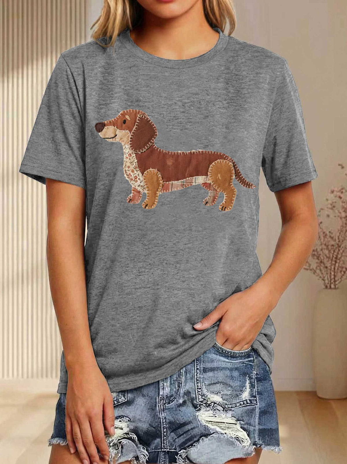 Faux Patchwork Dachshun Print T-shirt