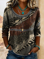 Women's Retro Leopard Art Print Casual 3/4 Sleeves Hollow Denim Shirt