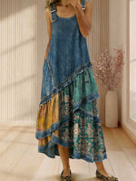 Vintage Floral Print Sleeveless Multi-layered Ruffled Strap Dress