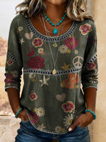 Women's Retro Hippie Peace Sign Floral Art Print Casual 3/4 Sleeves Hollow Denim Shirt