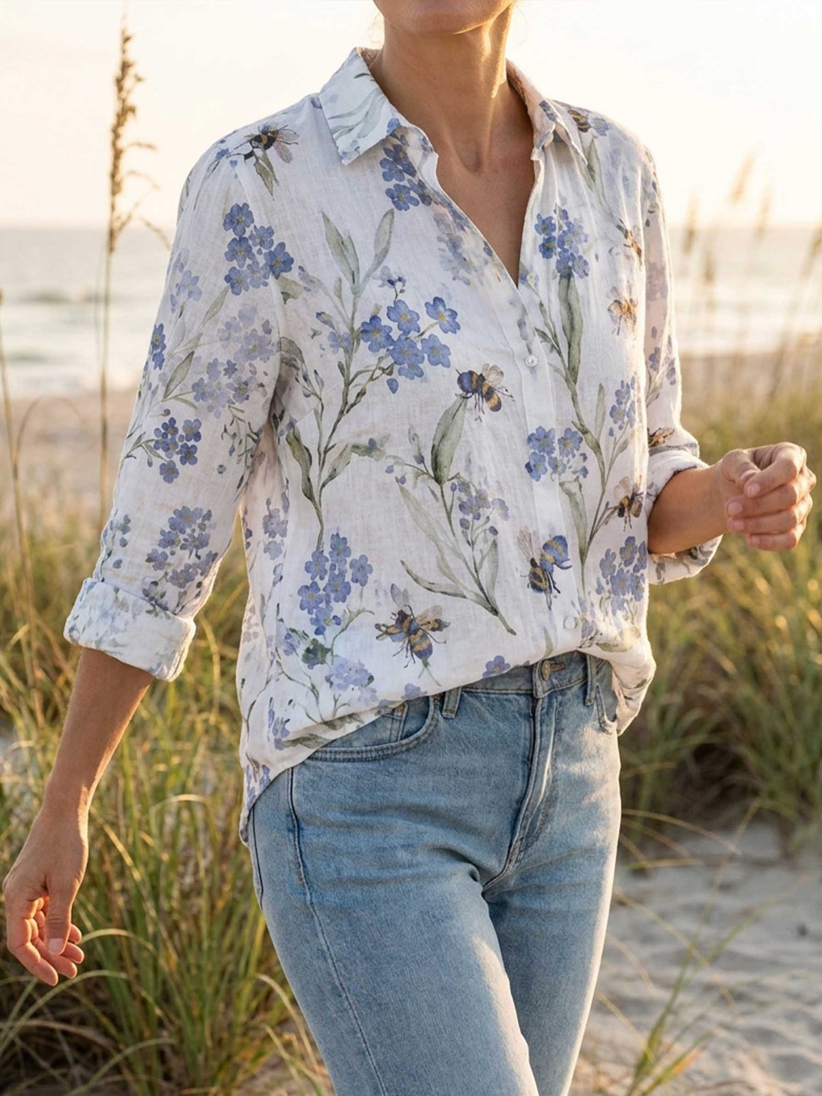 Women's Bee Floral Forget Me Not Print Casual Cotton Shirt