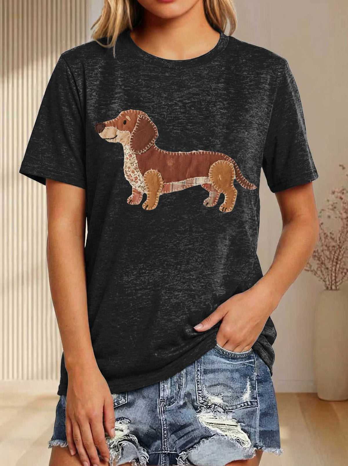 Faux Patchwork Dachshun Print T-shirt