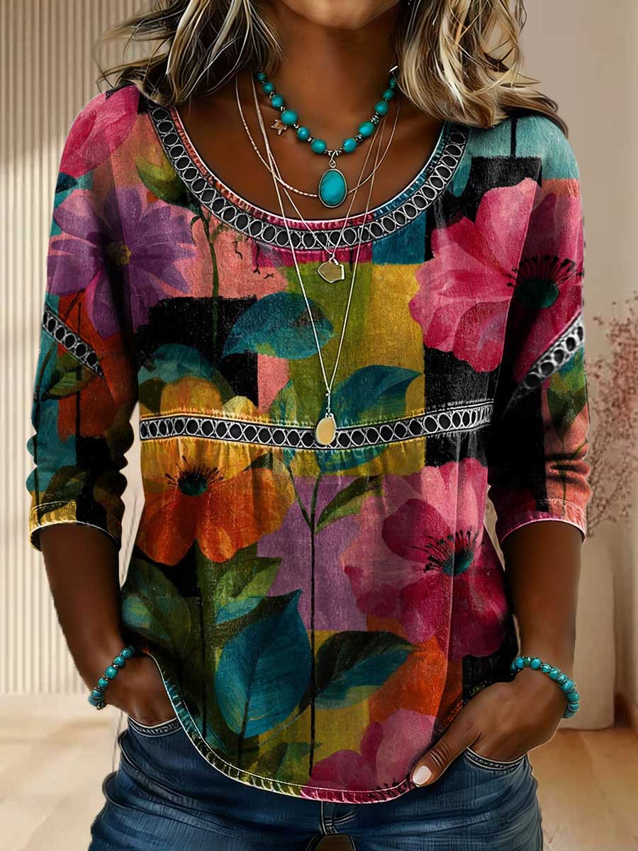 Women's Retro Floral Art Patchwork Denim Print Casual 3/4 Sleeves Hollow Denim Shirt