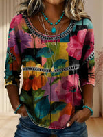 Women's Retro Floral Art Patchwork Denim Print Casual 3/4 Sleeves Hollow Denim Shirt