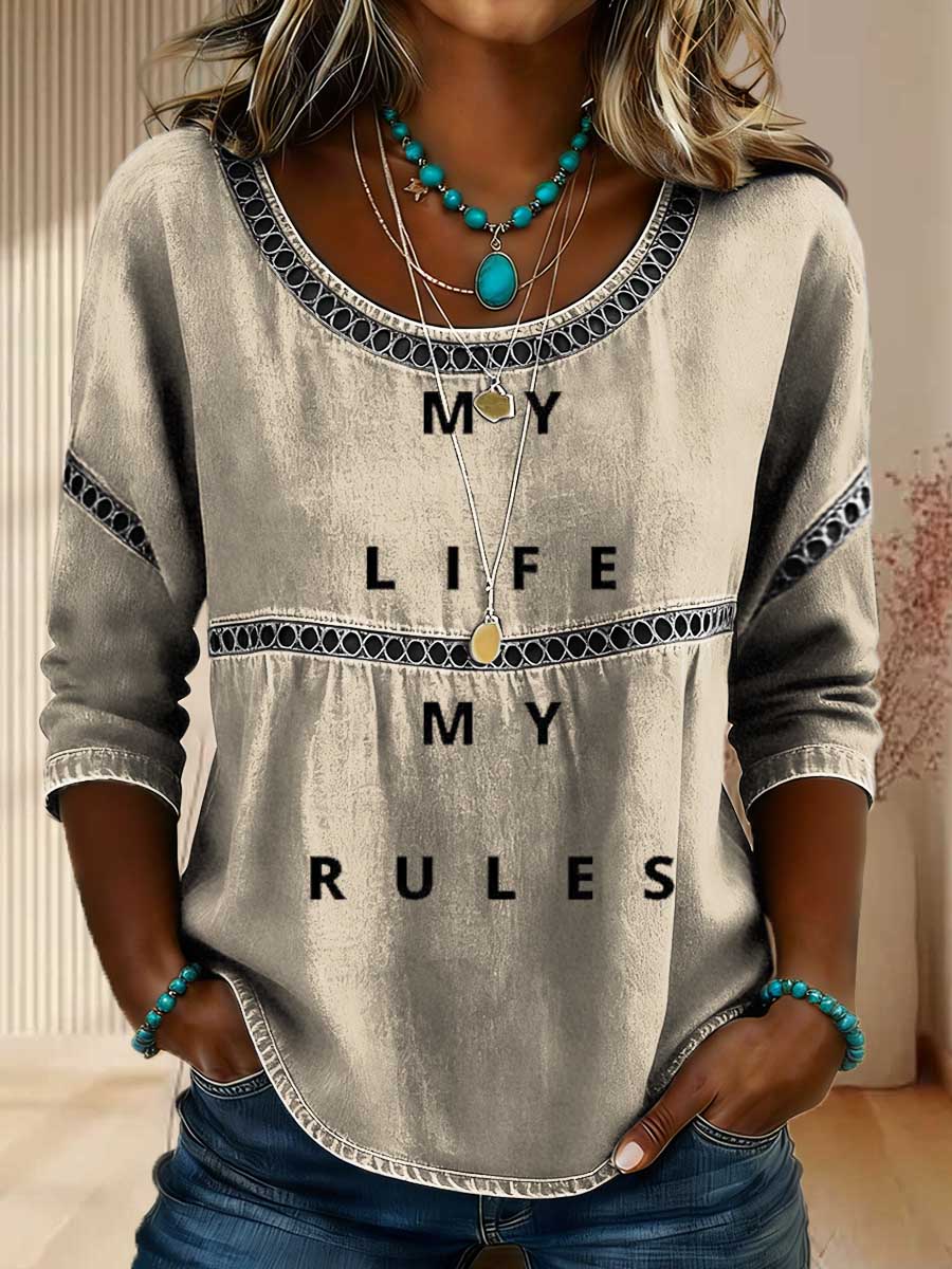 Women's My Life My Rules Print Casual 3/4 Sleeves Hollow Denim Shirt