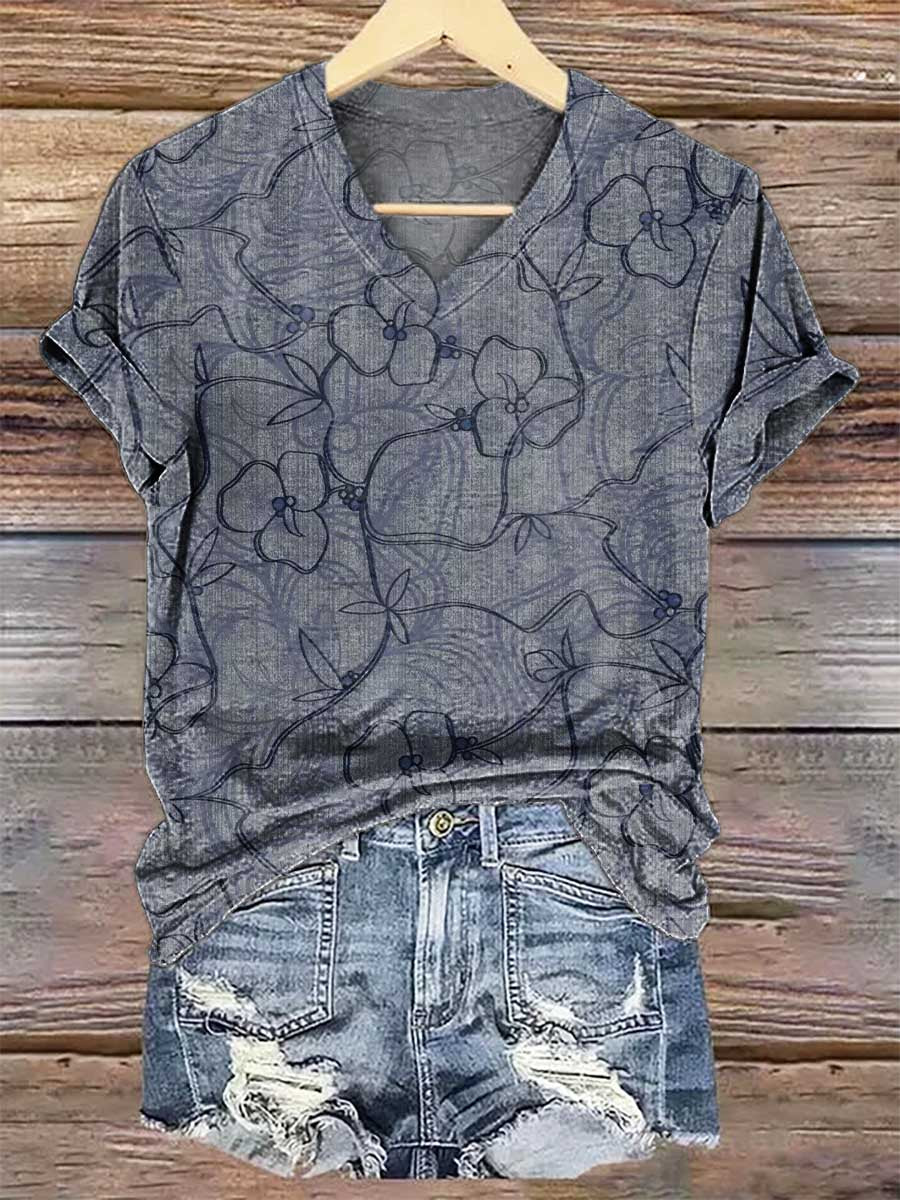 Floral V- Neck Casual T-shirt