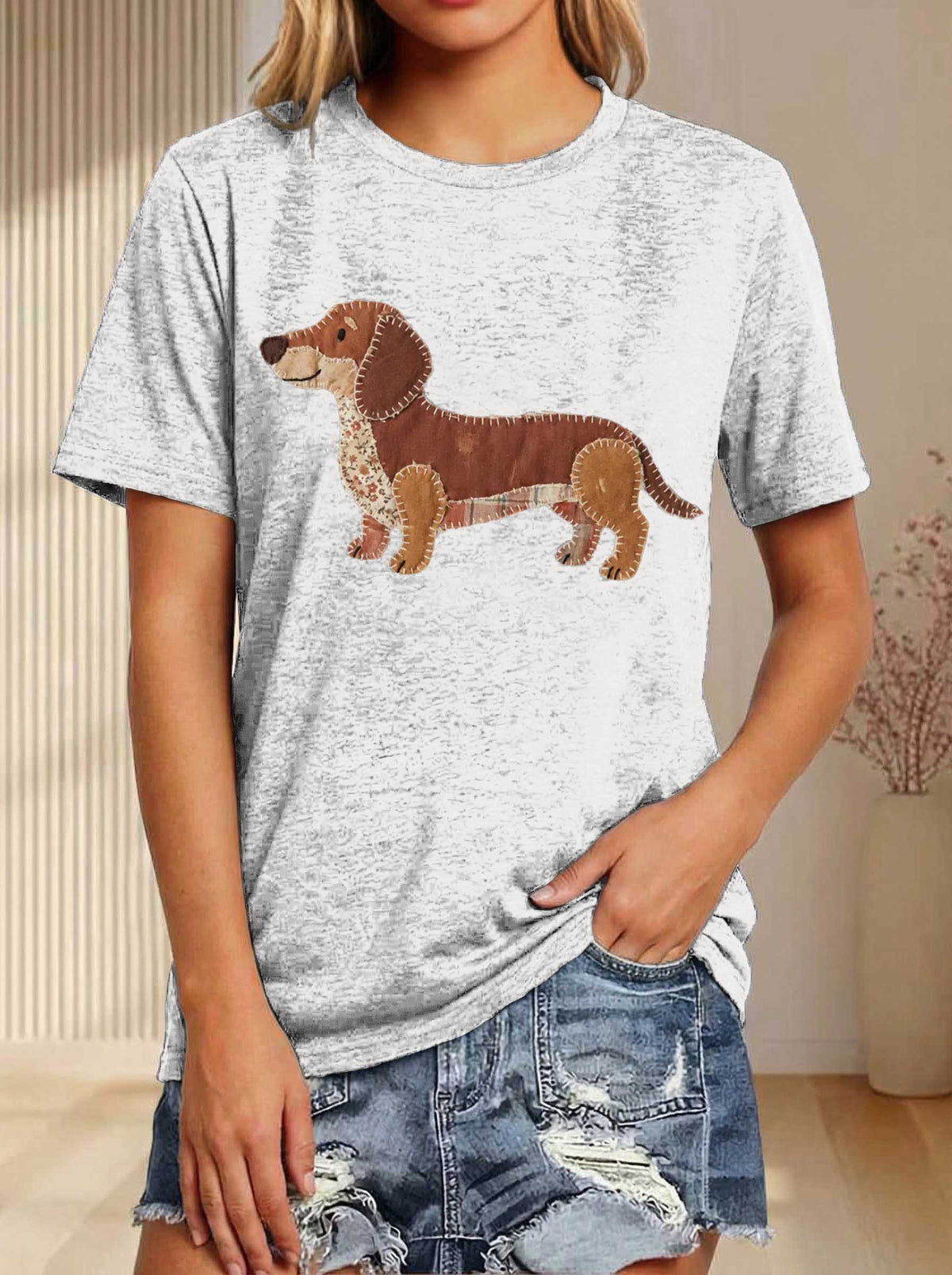 Faux Patchwork Dachshun Print T-shirt