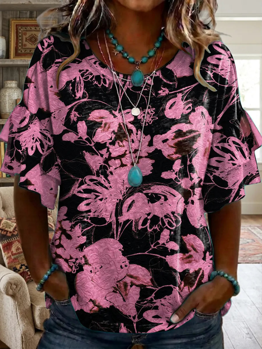 Art Flower Print Casual Shrit, Healing Shirt