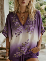 Women's Retro Pastoral Purple Floral Print Casual Top