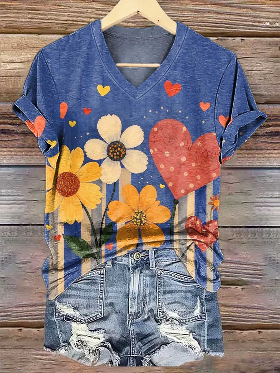 Floral V- Neck Casual T-shirt