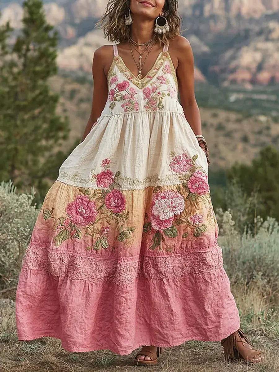 Women's Vintage Floral Art Casual Cotton Linen Maxi Dress