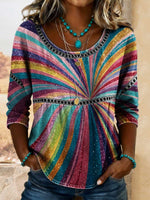 Women's Retro Art Patchwork Denim Print Casual 3/4 Sleeves Hollow Denim Shirt