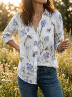 Women's Bee Floral Forget Me Not Print Casual Cotton Shirt