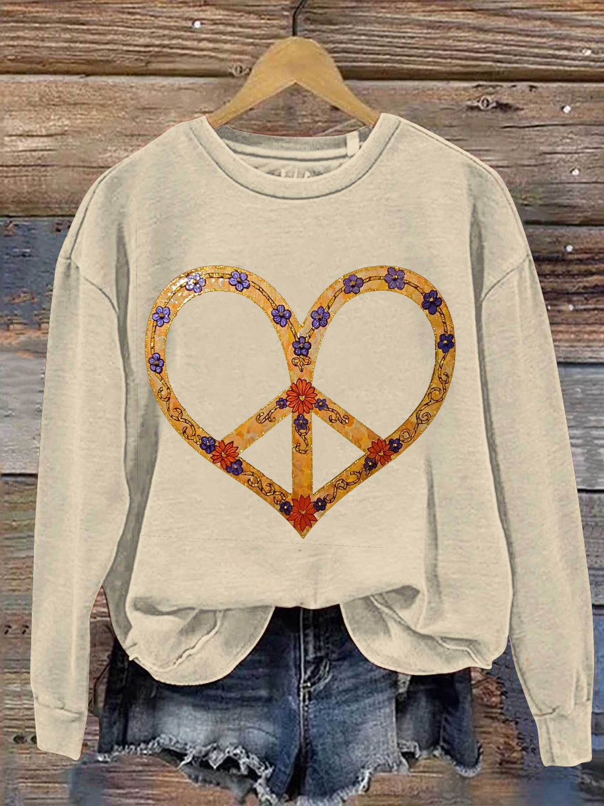 Peace Sign Heart Print Casual Sweatshirt