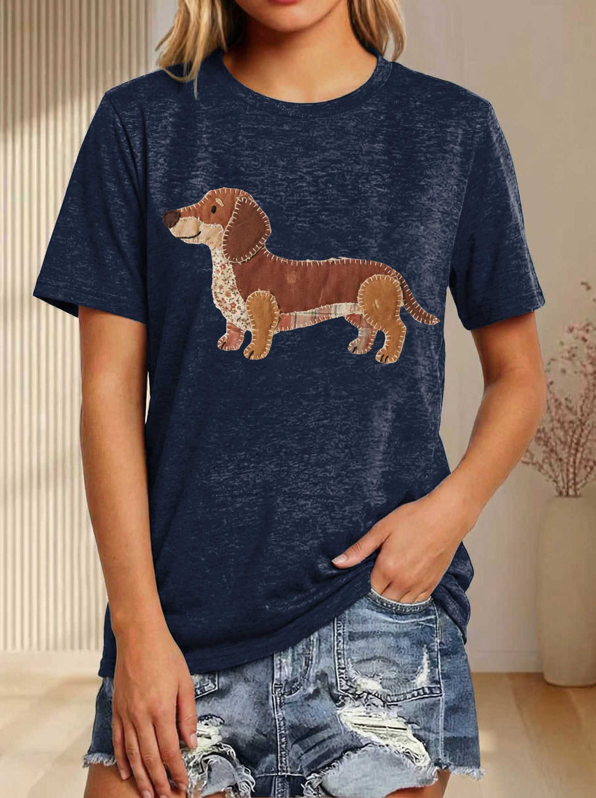 Faux Patchwork Dachshun Print T-shirt