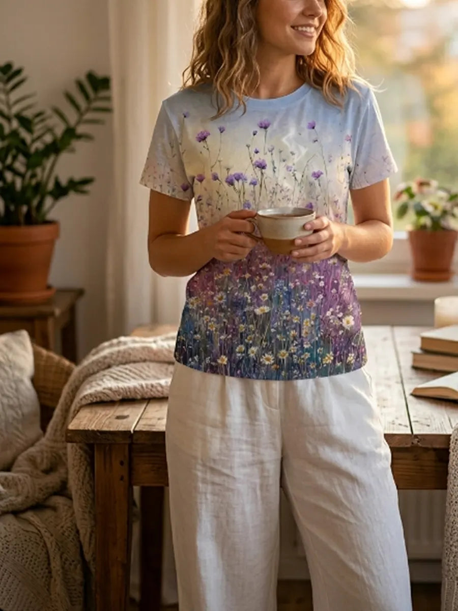 Purple & White Wildflower Print Shirt, Healing Shirt, Art Gift