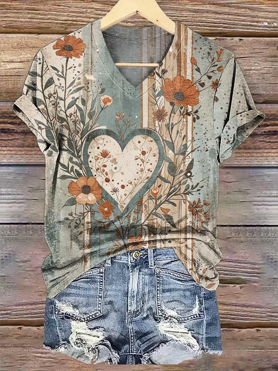 Floral Heart V- Neck Casual T-shirt