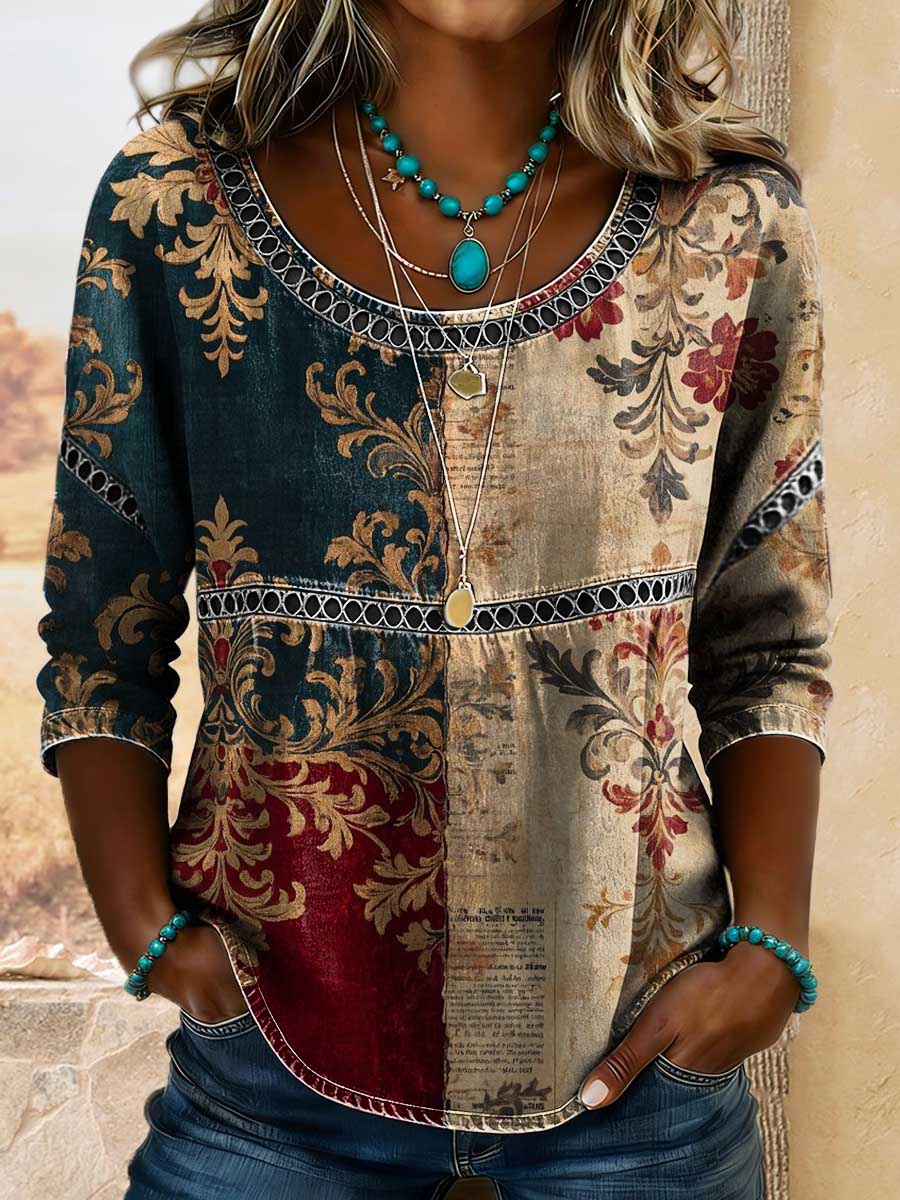 Women's Retro Floral Art Print Casual 3/4 Sleeves Hollow Denim Shirt