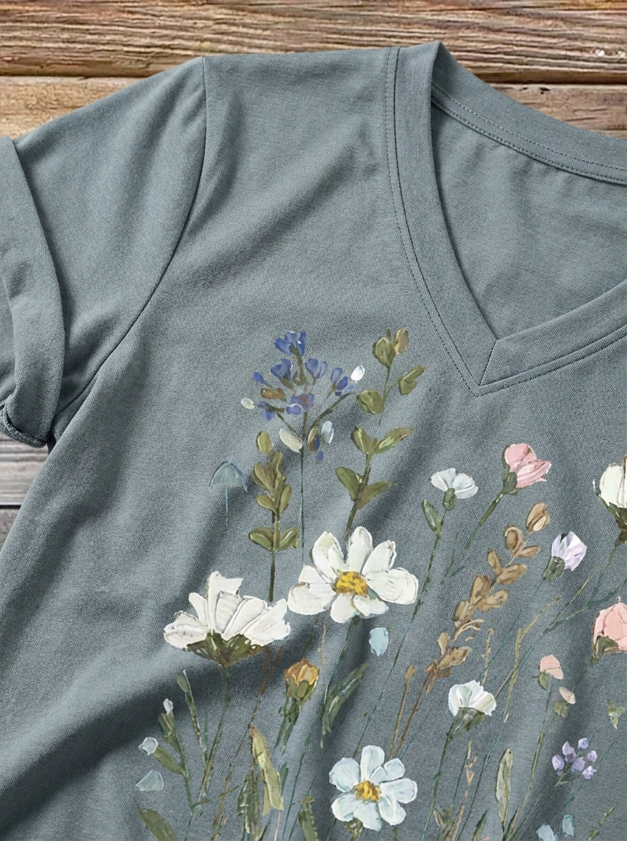 Floral V- Neck Casual T-shirt