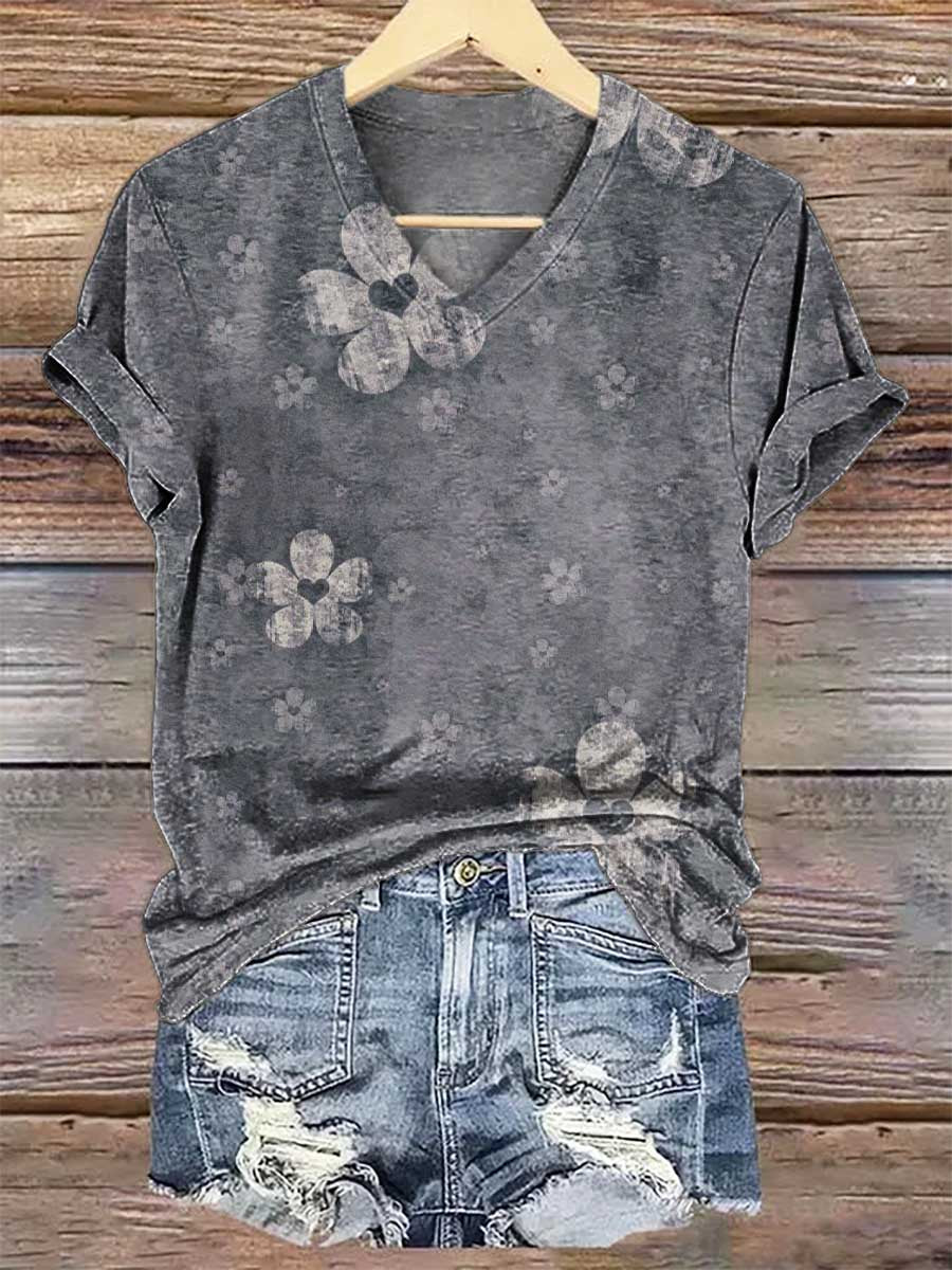 Floral V-neck Casual T-shirt