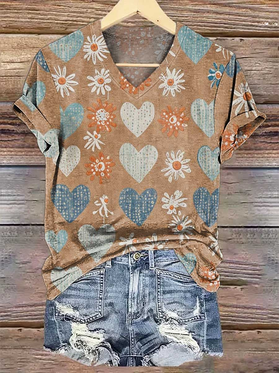 Floral V- Neck Casual T-shirt