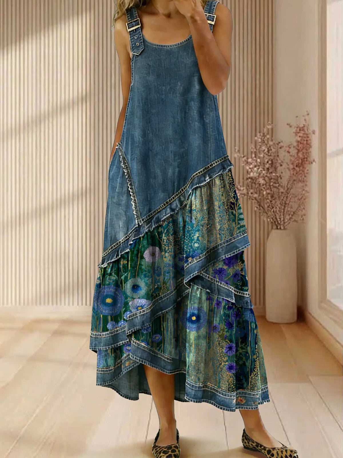 Vintage Floral Print Sleeveless Multi-layered Ruffled Strap Dress