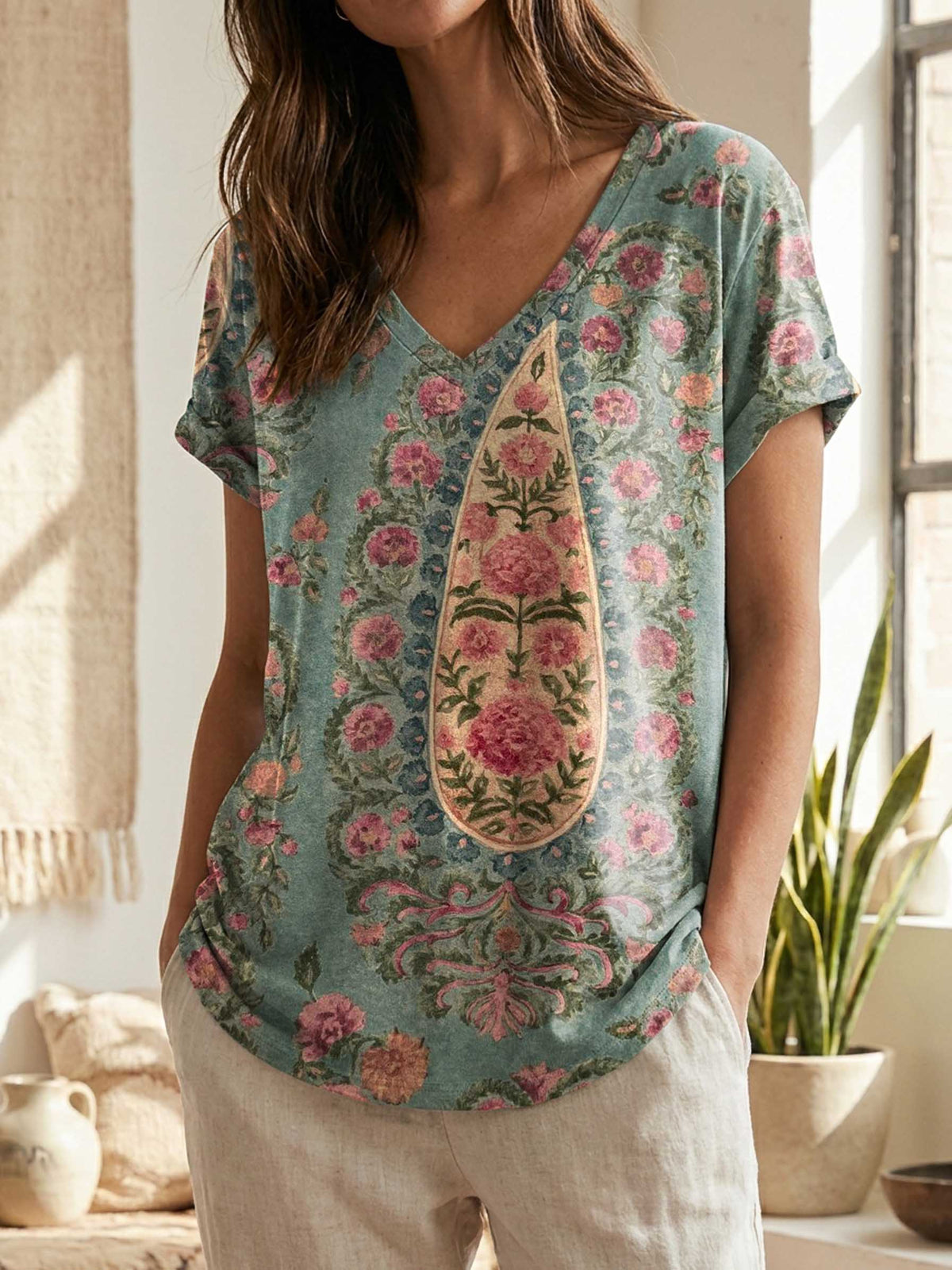 Paisley Floral V- Neck Casual T-shirt