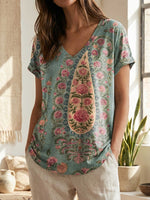 Paisley Floral V- Neck Casual T-shirt