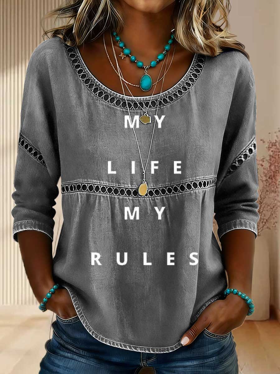 Women's My Life My Rules Print Casual 3/4 Sleeves Hollow Denim Shirt