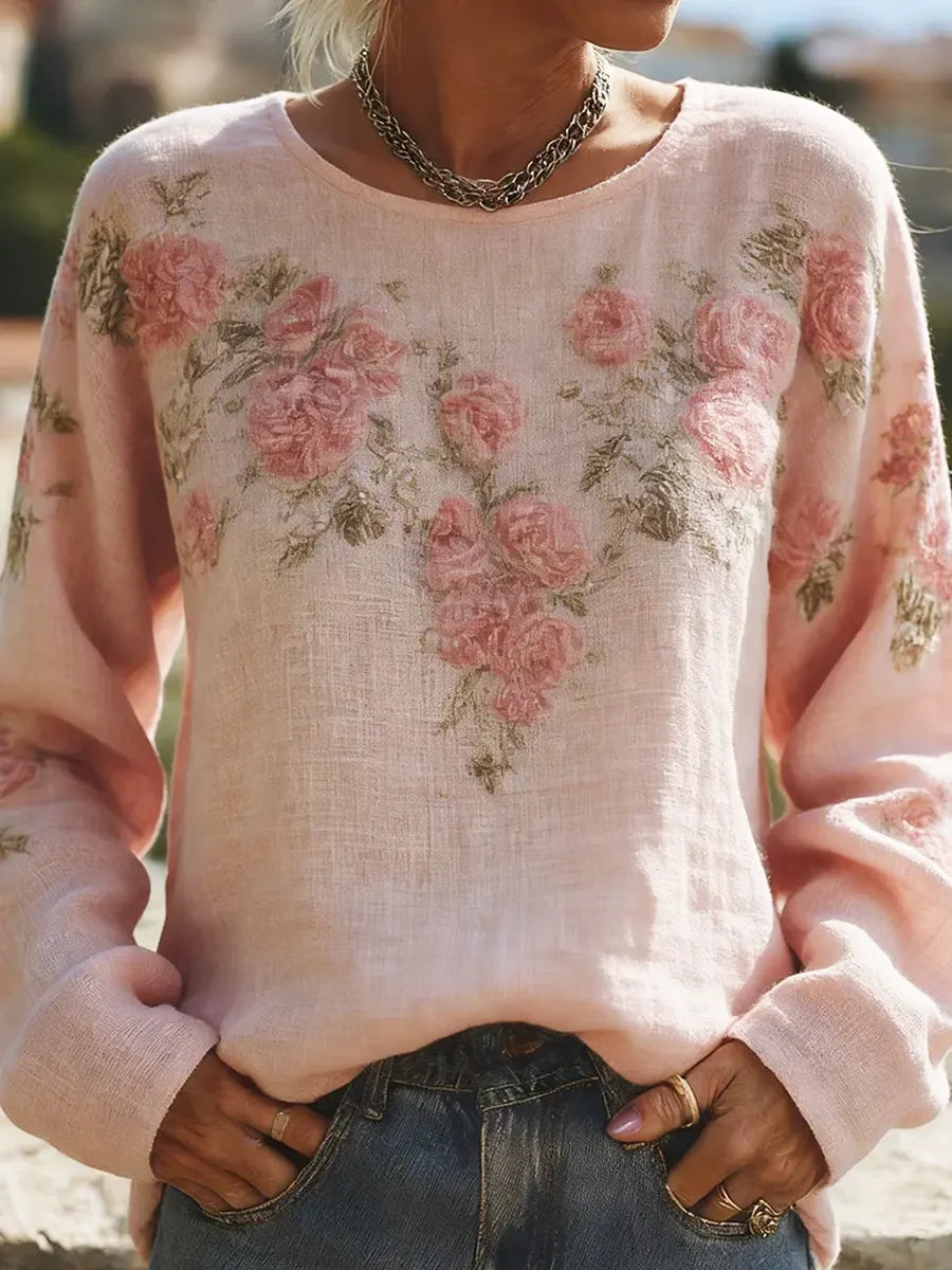 Women's Pink Floral Art Print Casual Cotton Linen Shirt