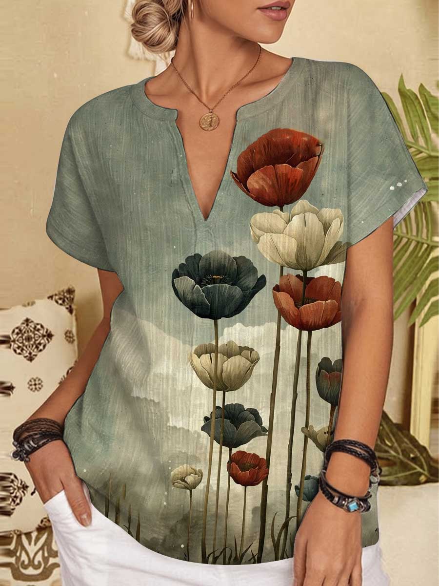 Women's Floral Print Short Sleeve Casual Shirt