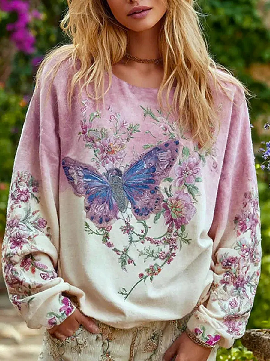 Women's Floral Butterfly Art Print Casual Cotton Sweatshirt