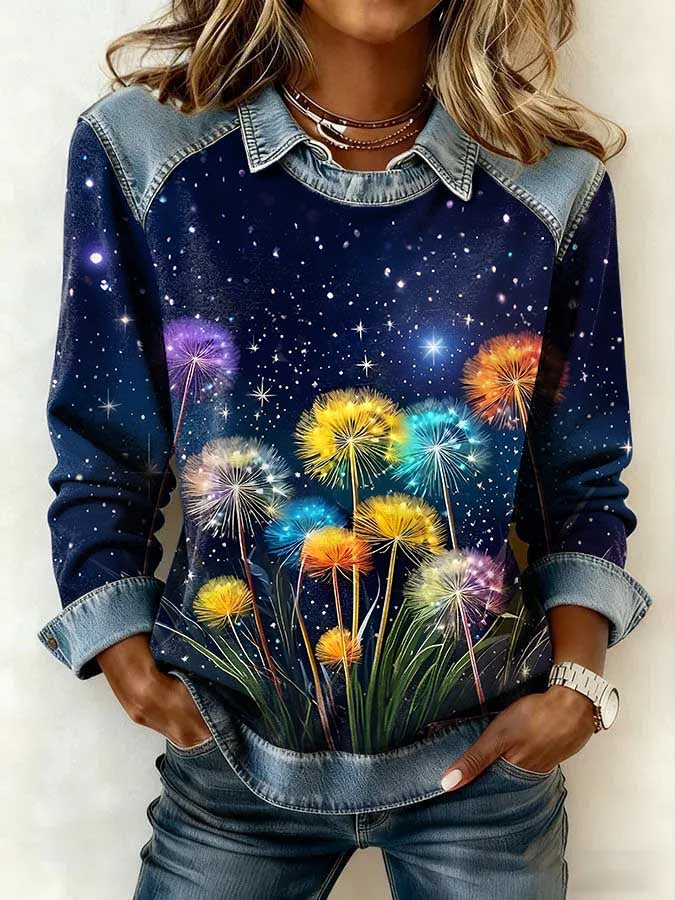 Women's Casual Dandelion Patchwork Denim Sweatshirt