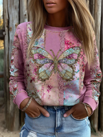Women's Butterfly Color-block Sequin Round Neck Embroidered Sweatshirt