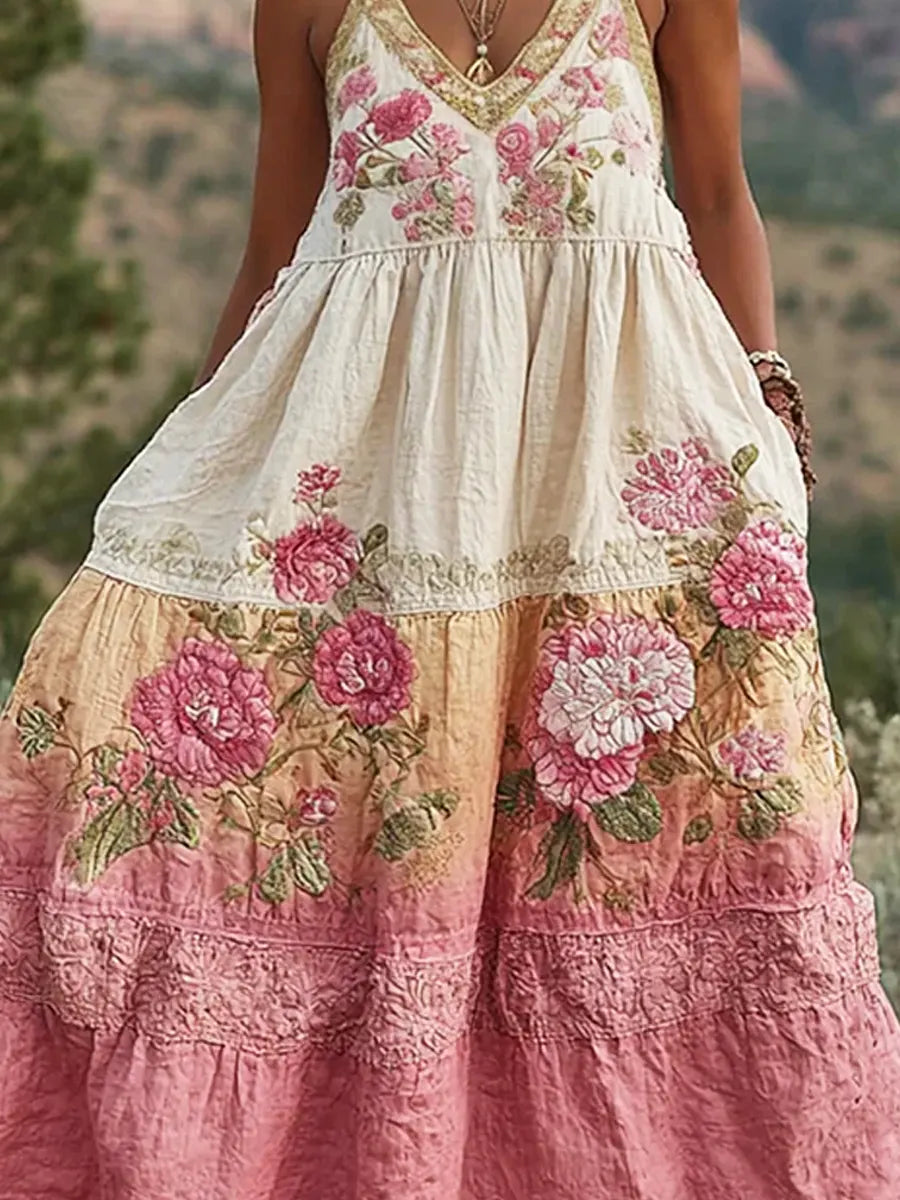 Women's Vintage Floral Art Casual Cotton Linen Maxi Dress