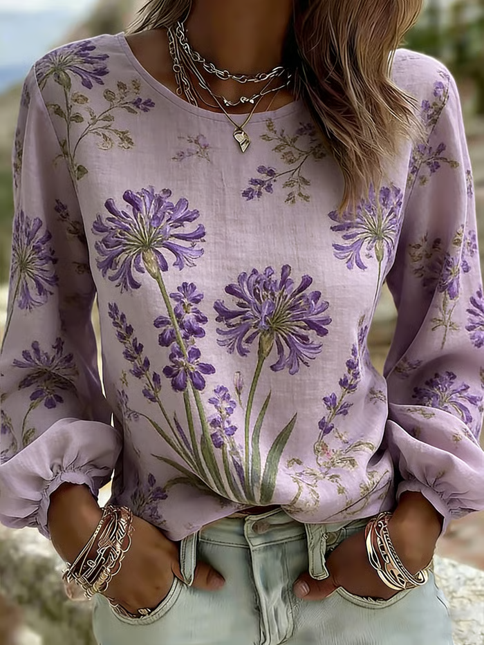 Women's Purple Pastoral Floral Print Casual Top