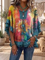 Vintage Floral Art Patchwork Hollow Design Cotton And Linen Shirt