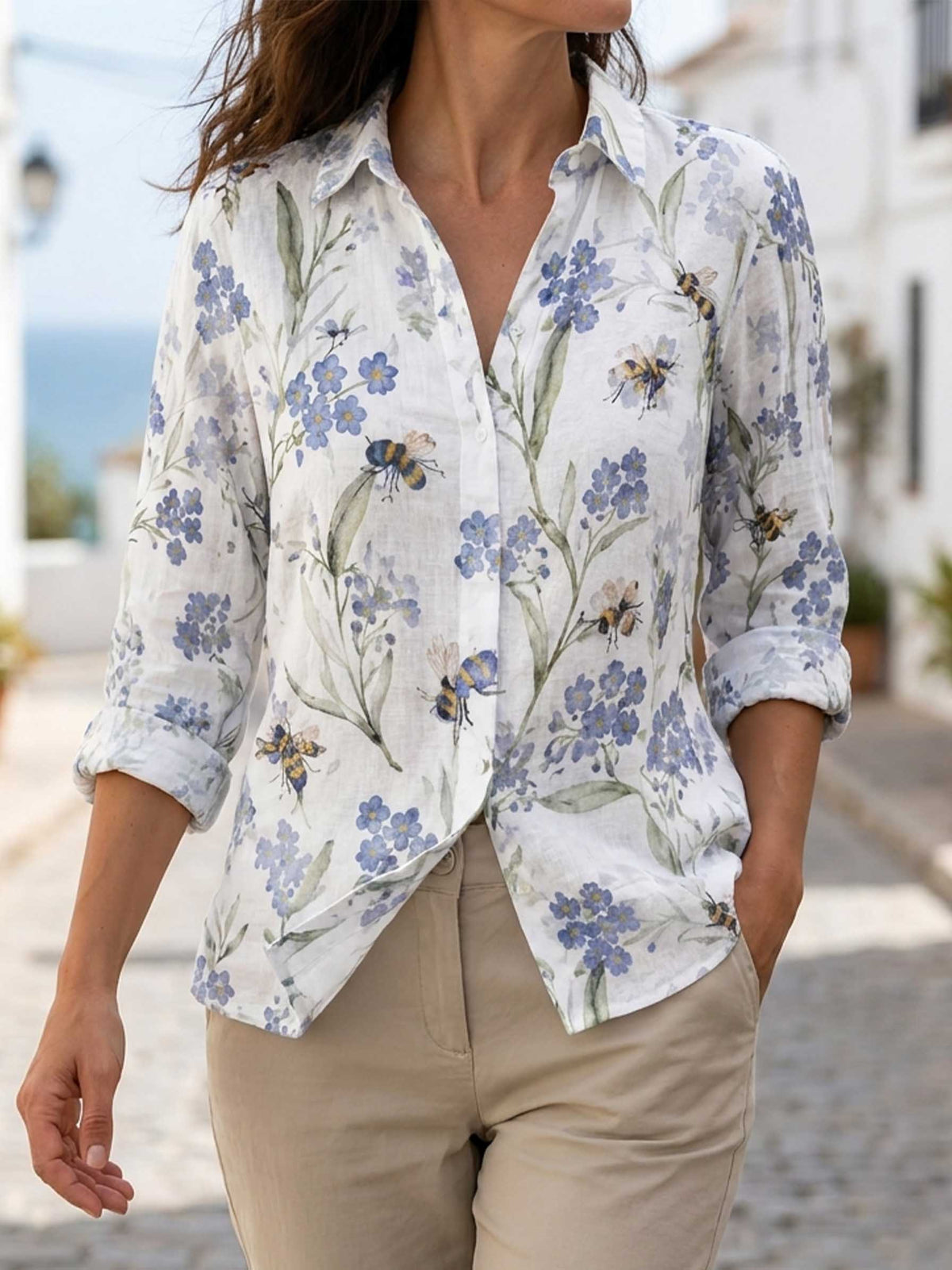 Women's Bee Floral Forget Me Not Print Casual Cotton Shirt
