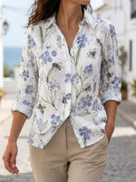 Women's Bee Floral Forget Me Not Print Casual Cotton Shirt