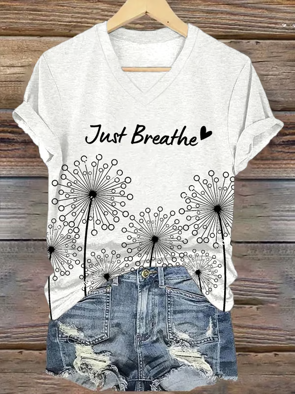 Just Breathe Dandelion V-neck Casual T-shirt