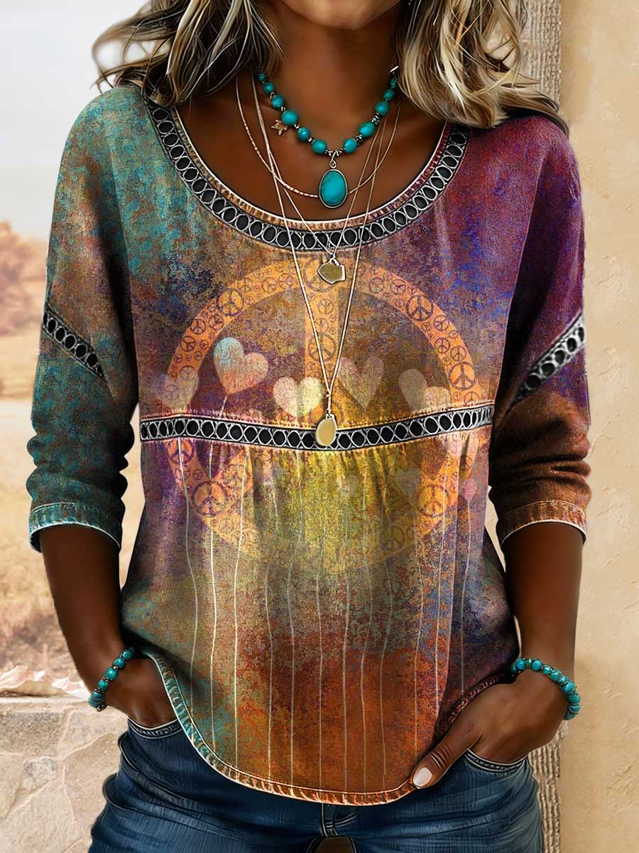 Women's Retro Hippie Peace Sign Art Print Casual 3/4 Sleeves Hollow Denim Shirt