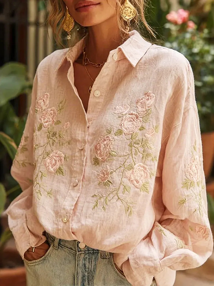 Women's Pink Floral Art Print Casual Cotton Linen Shirt