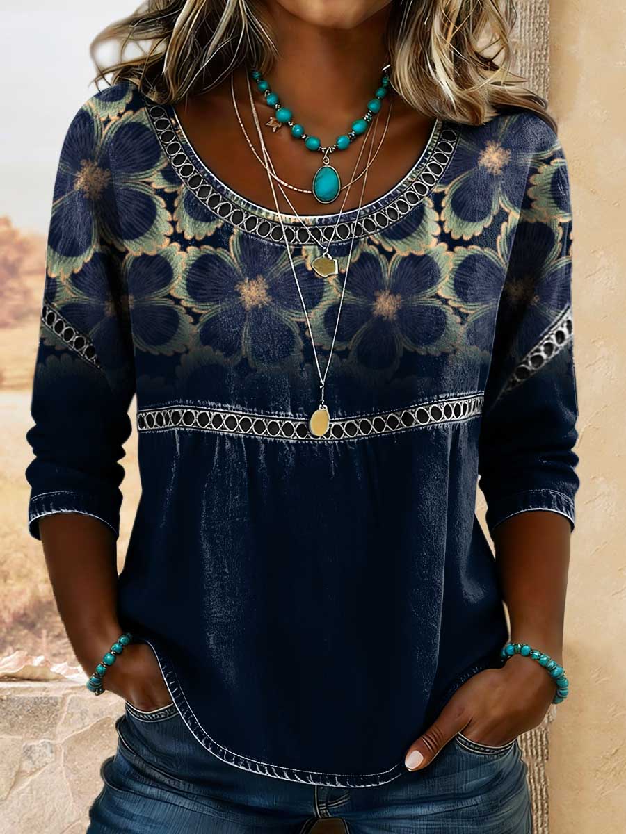 Women's Retro Floral Art Print Casual 3/4 Sleeves Hollow Denim Shirt