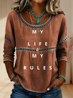 Women's My Life My Rules Print Casual 3/4 Sleeves Hollow Denim Shirt